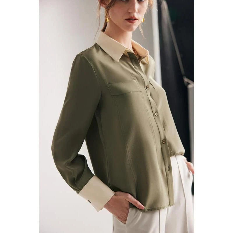 Sophisticated 100% Mulberry silk crepe de chine dress shirt for stylish women in the UK, offering elegance, comfort and versatility.