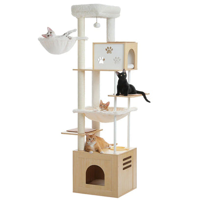 Large multi-level cat tree with spacious condos, hammocks, and sisal scratching posts for cats