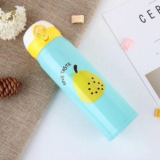 Premium stainless steel vacuum insulated thermos bottle with vibrant fruit print design, perfect for keeping children's drinks hot or cold.