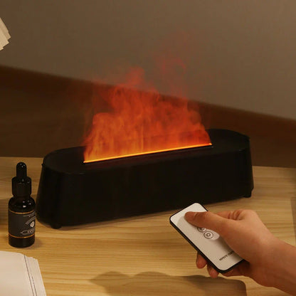 Elegant white flame simulation aromatherapy diffuser with remote control, designed to enhance air quality and create a tranquil ambience in any room.