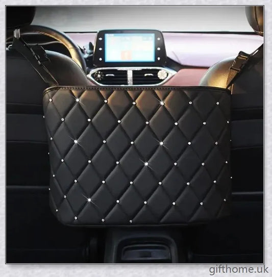 Premium car storage bag with handbag holder and seat organiser, made of durable PU leather and PP plastic, with flexible cleaning brush