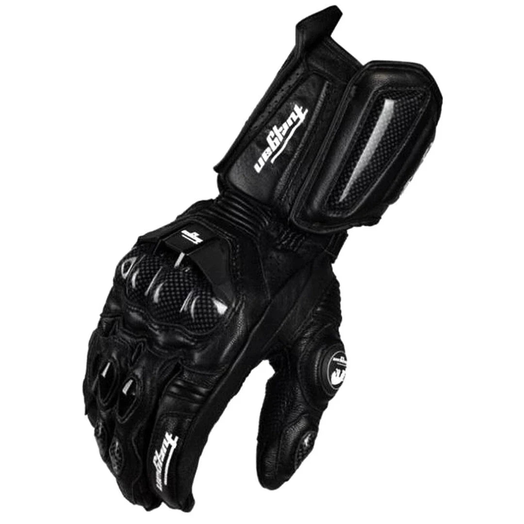 Premium motorcycle gloves made of leather and reinforced with carbon fibre for enhanced protection and breathability
