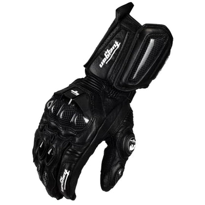 Premium motorcycle gloves made of leather and reinforced with carbon fibre for enhanced protection and breathability
