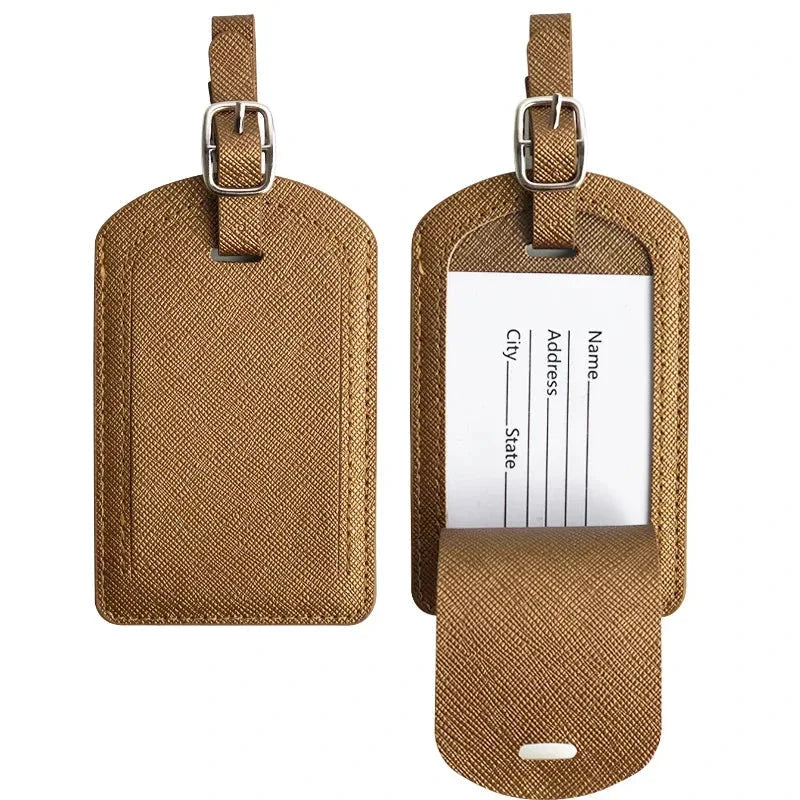 Premium PU leather luggage tag with secure strap and compact design for modern travellers