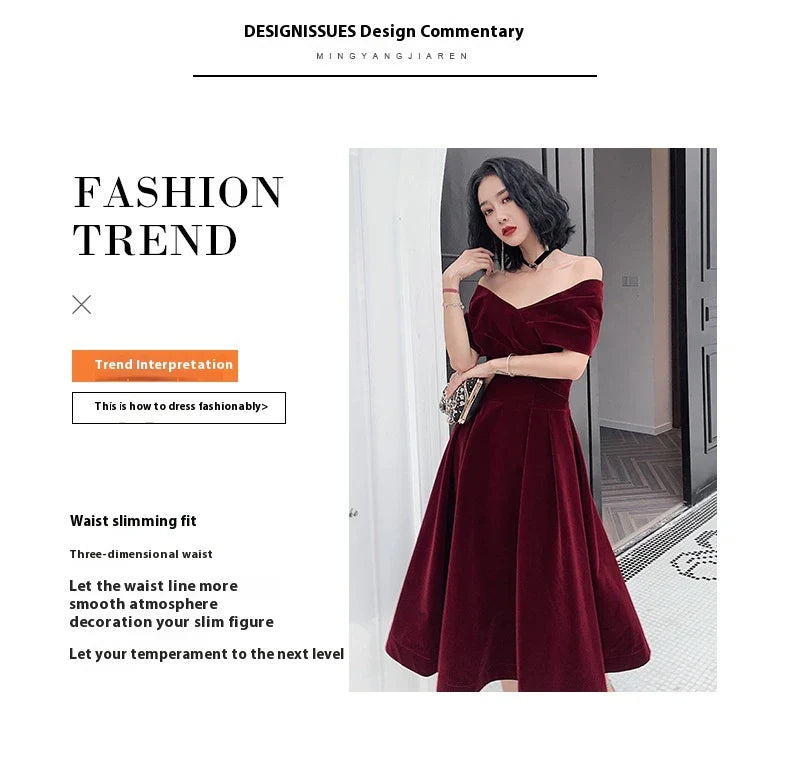 Off-shoulder wine red bridal dress with long, flowing skirt and tight waist for a sophisticated, elegant look