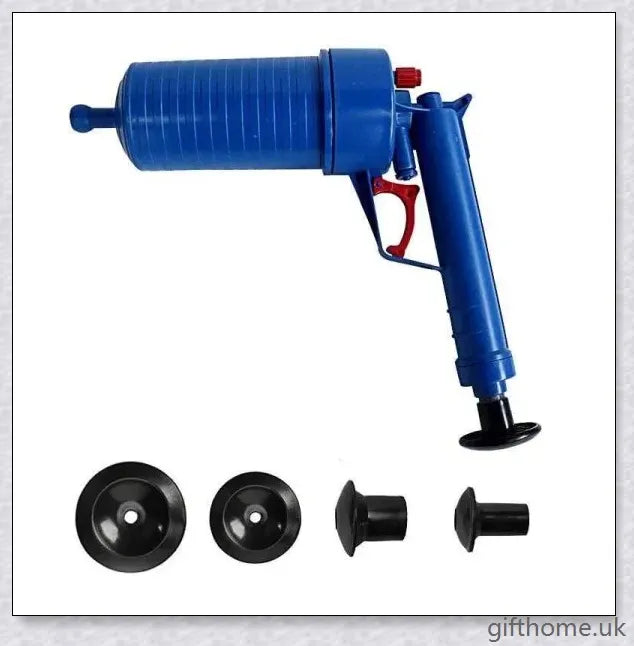 The Air Drain Blaster, a high-powered tool that uses compressed air to quickly unclog sinks, tubs, and toilets without harmful chemicals.