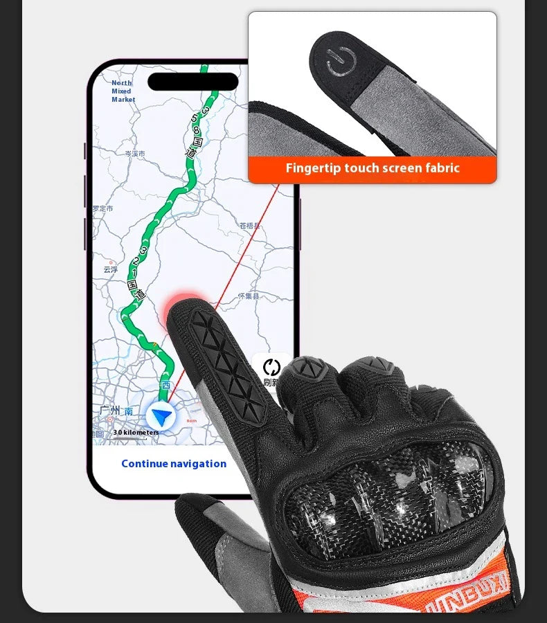 Pair of high-performance motorcycle riding gloves made from carbon fibre, featuring a sleek black design and reinforced palm and knuckle areas for superior protection.