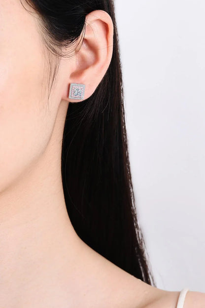 Moissanite square stud earrings in 925 sterling silver with platinum plating