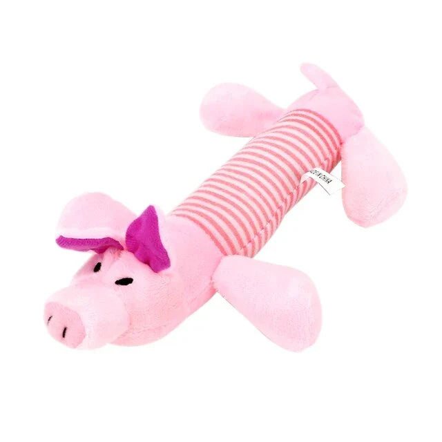 Premium plush squeaky dog toy in various colours, featuring textured stripes for dental cleaning and a built-in sound generator for interactive play.