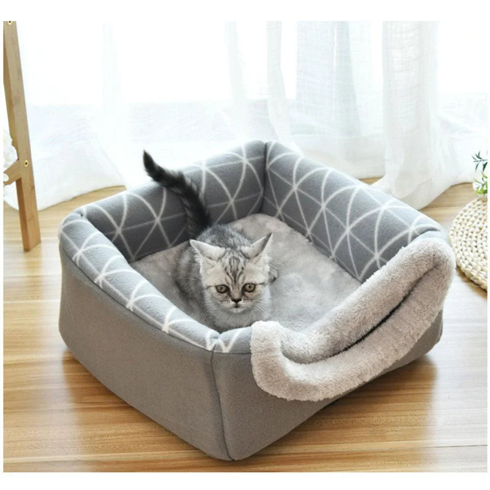 Cosy collapsible cat house and bed made with soft fleece material for comfortable lounging and relaxation for indoor cats