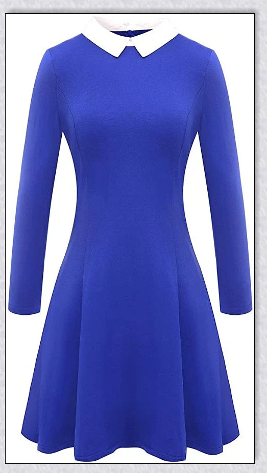 Elegant long-sleeved Peter Pan collar dress in multiple colours, perfect for Halloween or casual wear