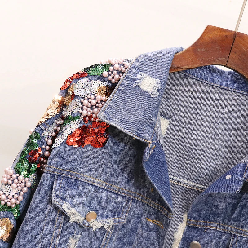 Premium embroidered denim jacket with slimming beaded sequins in a relaxed, flattering fit
