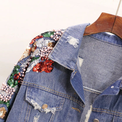 Premium embroidered denim jacket with slimming beaded sequins in a relaxed, flattering fit