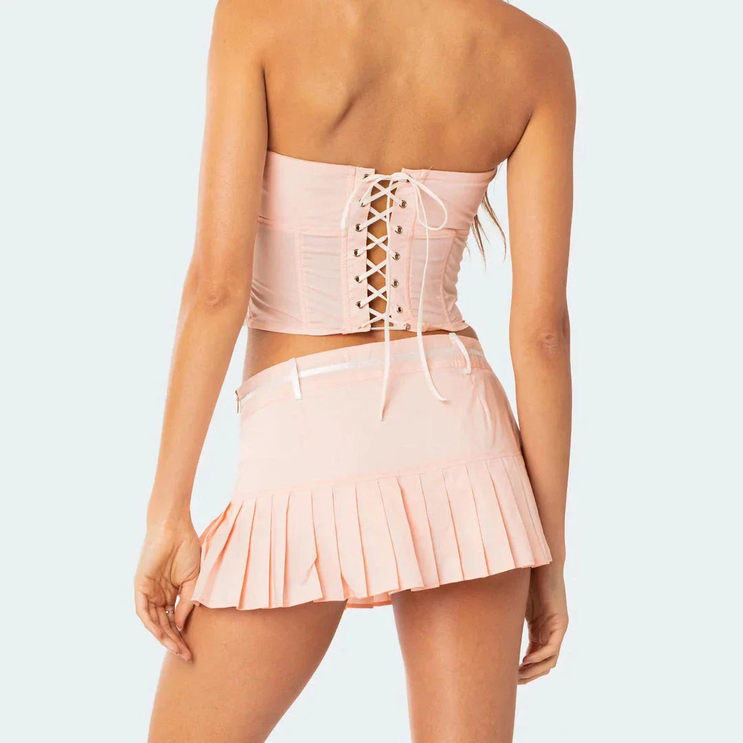 Elegant strapless and pleated two-piece skirt set in black, perfect for stylish British summers
