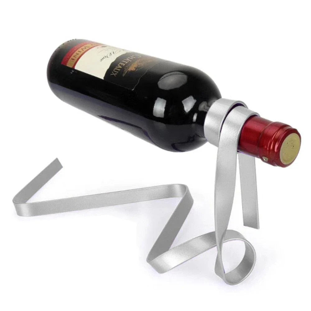 Floating wine bottle holder with sophisticated ribbon-like design, creating a mesmerising illusion of weightlessness