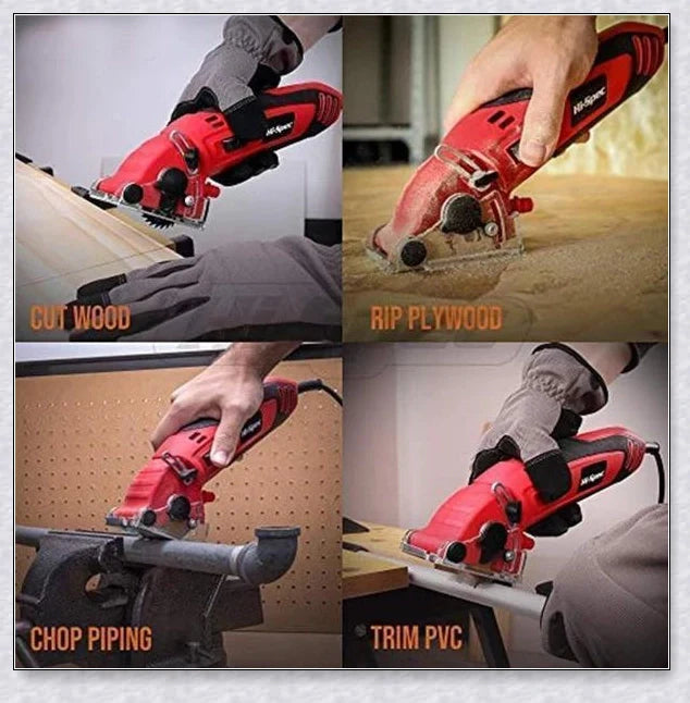 A powerful multi-function circular saw with a 400-watt motor and 3,700 RPM, cutting through various materials with precision