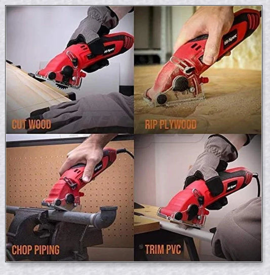 A powerful multi-function circular saw with a 400-watt motor and 3,700 RPM, cutting through various materials with precision