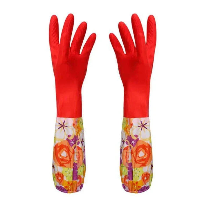Floral printed rubber kitchen gloves with long length for comprehensive hand and forearm protection