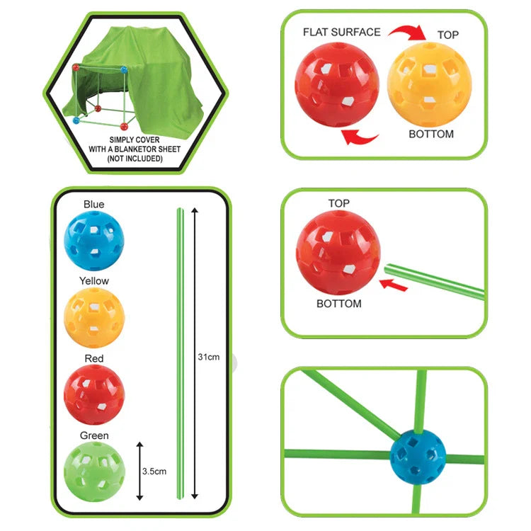 Children's DIY bead tent fort building kit with plastic balls and tubes for creative play and imagination development