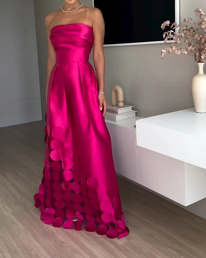 Elegant patchwork satin dress with sleek tube top, high-waist silhouette, and full-length swing skirt in vibrant rose red colour