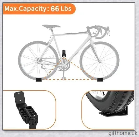 Sturdy black carbon steel bicycle wall mount rack for securing bikes and mountain bikes to the wall