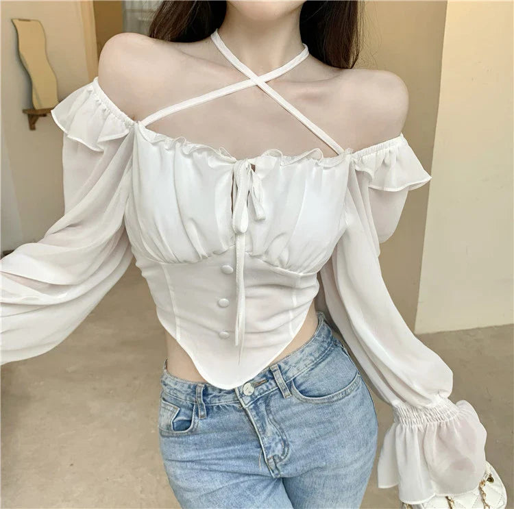 Elegant chiffon shirt with stylish ruffled neckline, available in white, black, and coffee colours
