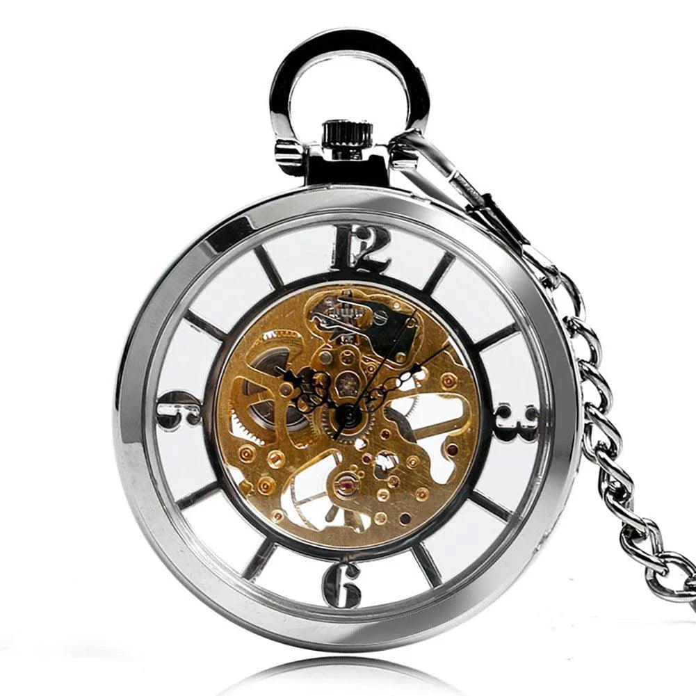 Classic double-sided mechanical pocket watch with transparent cutout design and Roman numeral dial