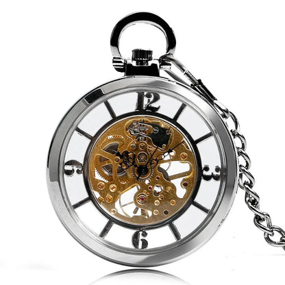 Classic double-sided mechanical pocket watch with transparent cutout design and Roman numeral dial