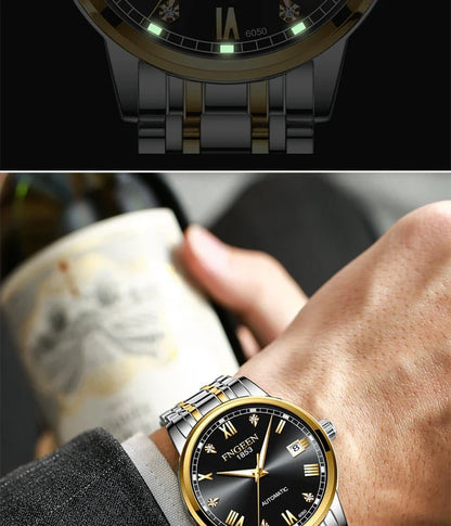 Premium automatic mechanical watch with leather strap, featuring a stainless steel case, luminous hands and markers, and a stylish British-inspired design