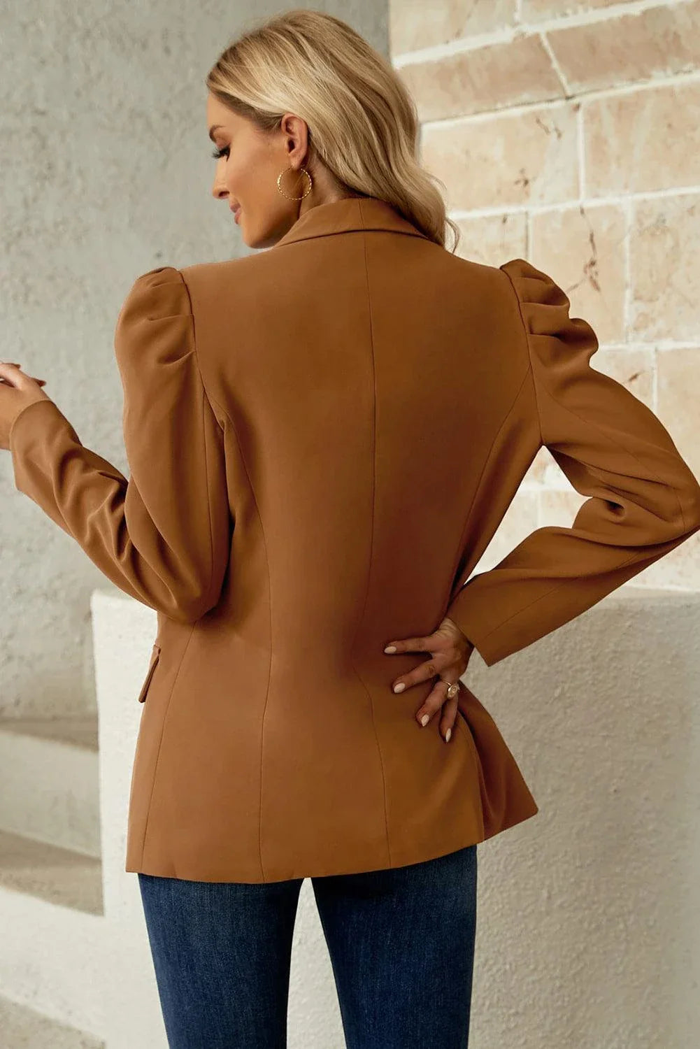 Premium polyester blazer with puff sleeves and shawl collar in a classic brown colour