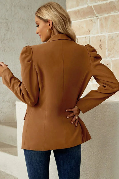 Premium polyester blazer with puff sleeves and shawl collar in a classic brown colour