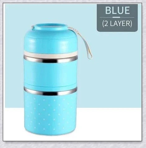 Insulated Hot Food Thermos Lunchbox Tower with multi-layer design and choice of green, pink, blue, or gray colour