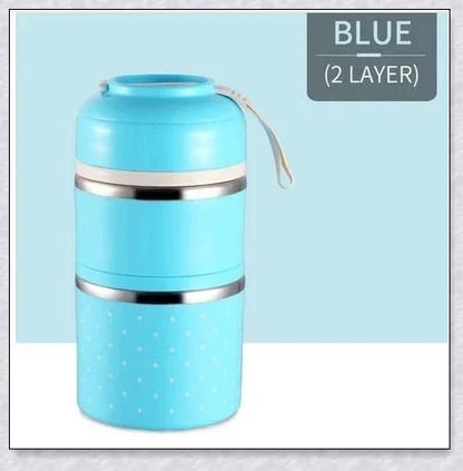Insulated Hot Food Thermos Lunchbox Tower with multi-layer design and choice of green, pink, blue, or gray colour