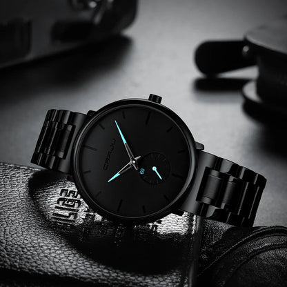 A stylish stainless steel waterproof watch with a sleek design and various coloured needle options