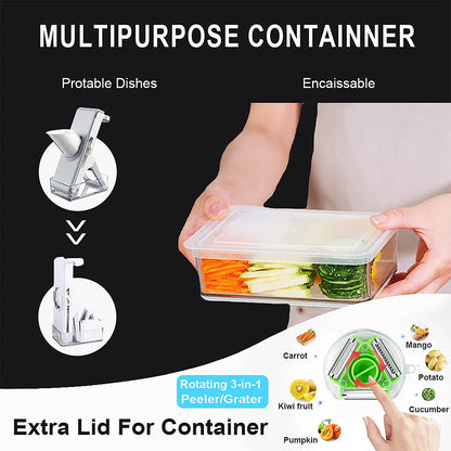 Adjustable Mandoline Slicer with interchangeable blades for slicing, chopping, and cutting vegetables and fruits