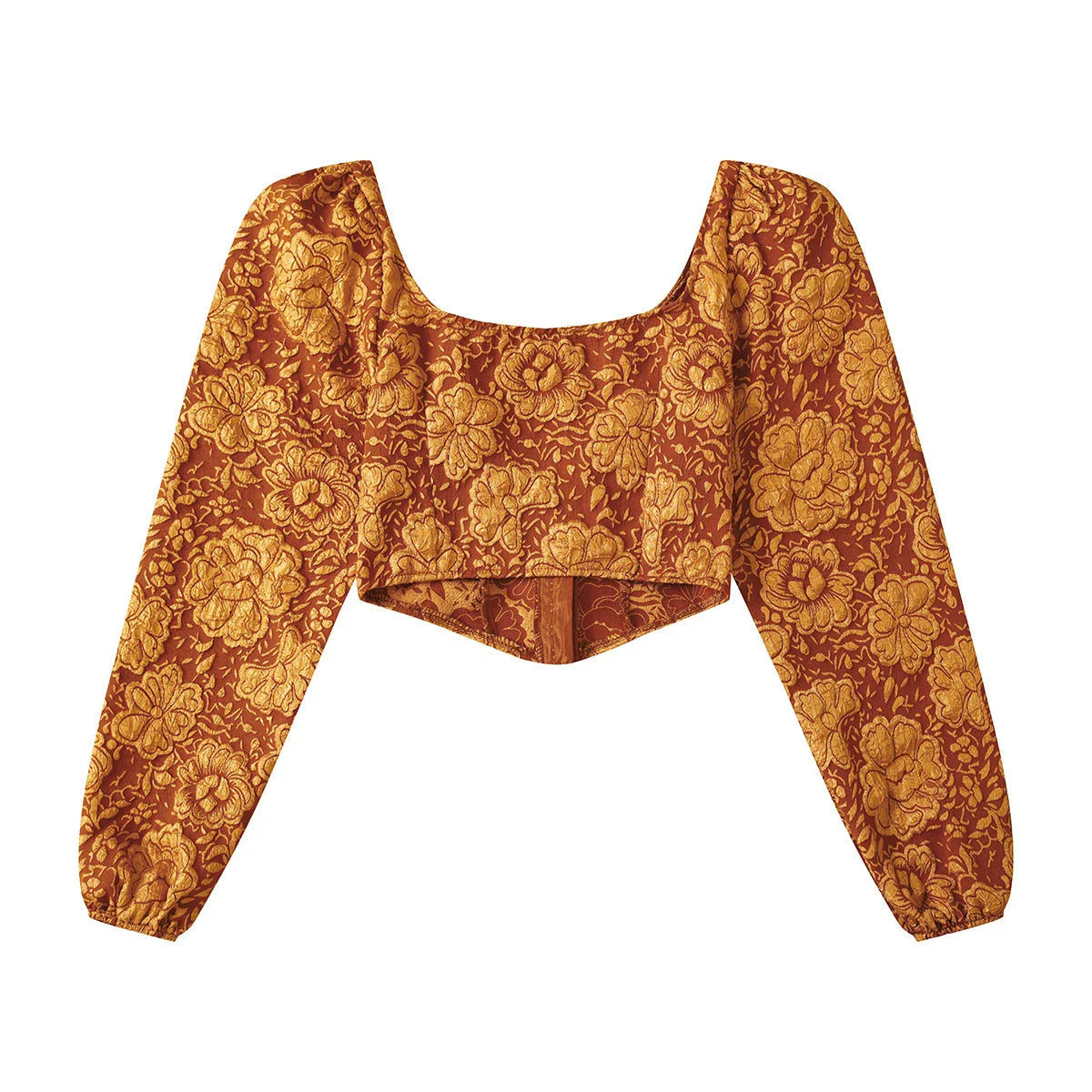 Embroidered long-sleeve tank top in brown, with square neckline and bubble sleeves