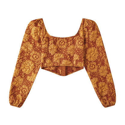 Embroidered long-sleeve tank top in brown, with square neckline and bubble sleeves