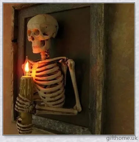 Premium 3D life-size haunted house skeleton decoration with elegant candle holders, creating a mesmerising, ethereal Halloween ambiance