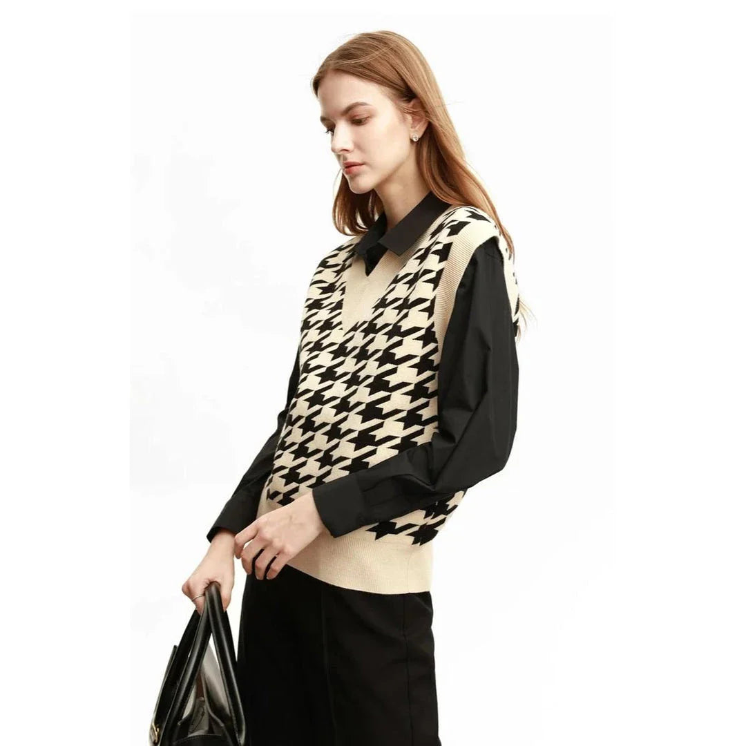 Sophisticated autumn plaid knitted waistcoat with intricate pattern and modern design for the modern British woman