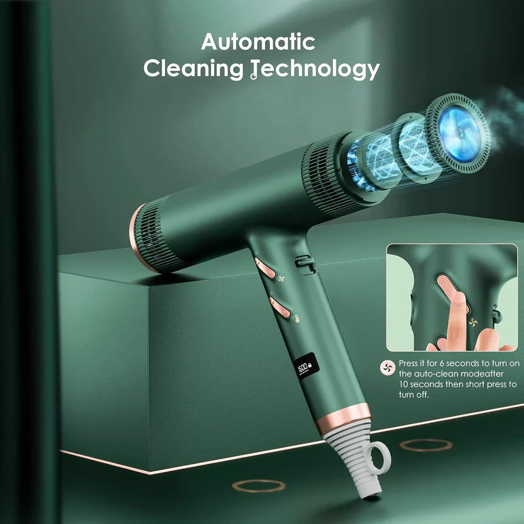 Ultra-fast professional hair dryer with 113,000 rpm/min motor, LCD display, and anion technology for healthy, shiny hair