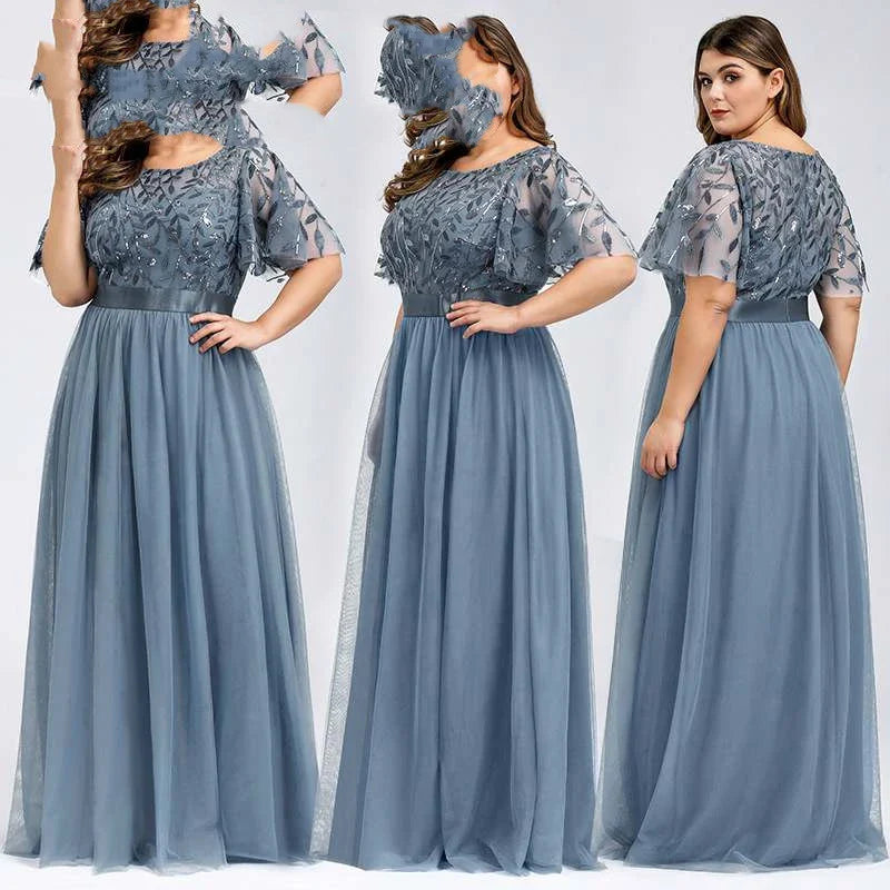 A plus size evening gown with a sparkling sequin mesh overlay in a variety of colours, including white, gray, green, black, gold, wine red, navy blue, bean paste powder, and dirty blue.