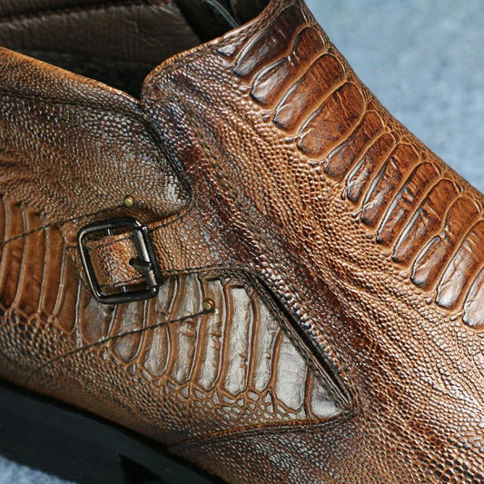 Premium men's formal Chelsea boots in brown, featuring a round toe, low wedge heel, and side zipper closure for a polished, office-ready look