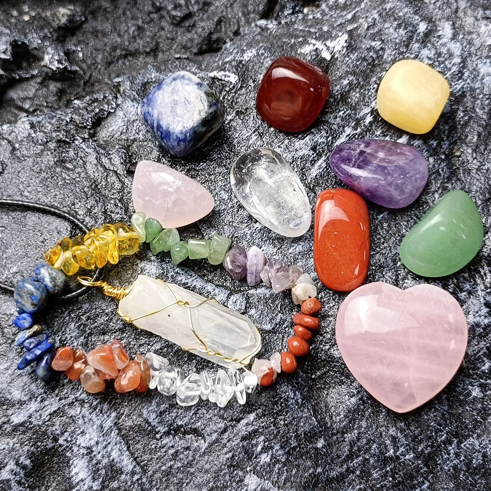 Elegant crystal jade chakra set with love hexagon pillar, natural stones for meditation and energy healing