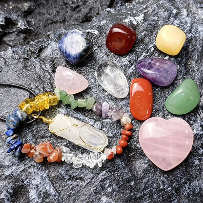 Elegant crystal jade chakra set with love hexagon pillar, natural stones for meditation and energy healing