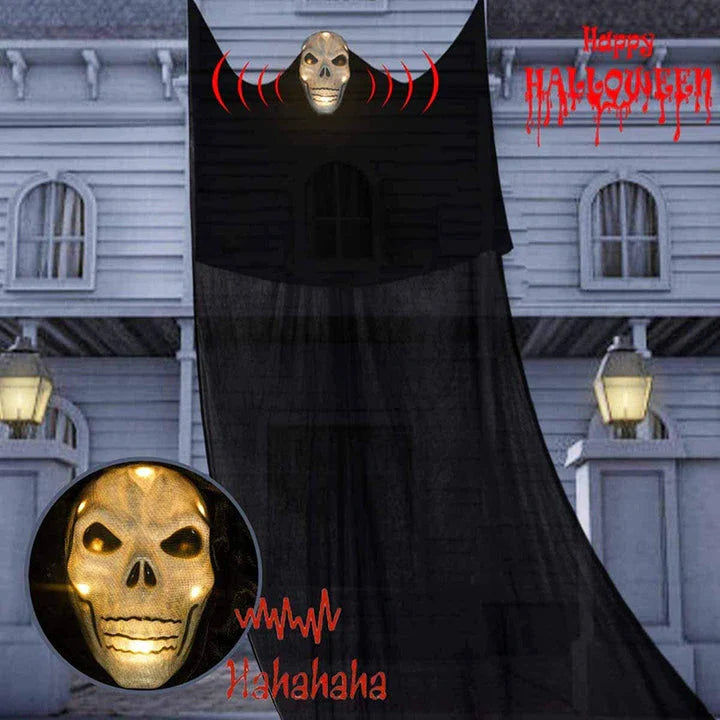 Voice-activated Halloween decoration with ghost-shaped design, lighting, and sound effects