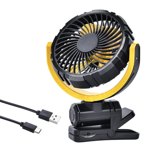 Portable Car Cooling Clamp Fan with 900° Rotatable Design, USB Rechargeable Battery, and Quiet Brushless Motor
