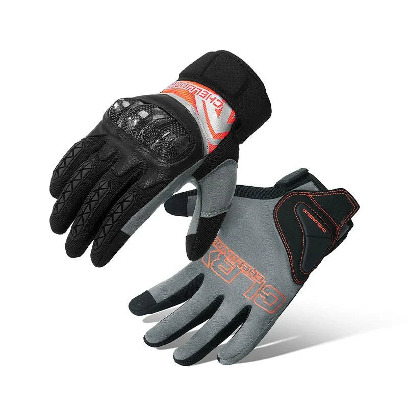 Pair of high-performance motorcycle riding gloves made from carbon fibre, featuring a sleek black design and reinforced palm and knuckle areas for superior protection.
