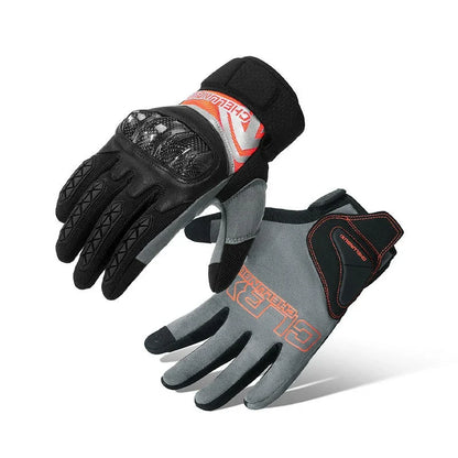 Pair of high-performance motorcycle riding gloves made from carbon fibre, featuring a sleek black design and reinforced palm and knuckle areas for superior protection.