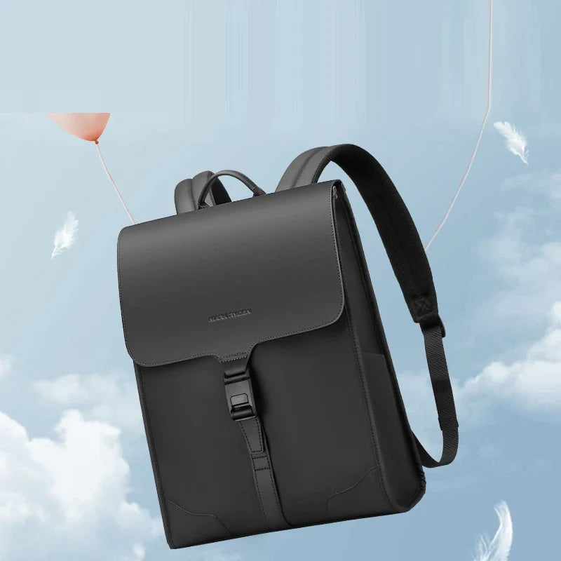Stylish magnetic buckle laptop backpack for men, featuring a sleek design, spacious interior, and durable PU leather construction.