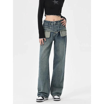 Stylish vintage-inspired high-rise straight-leg women's jeans in a distressed plaid design